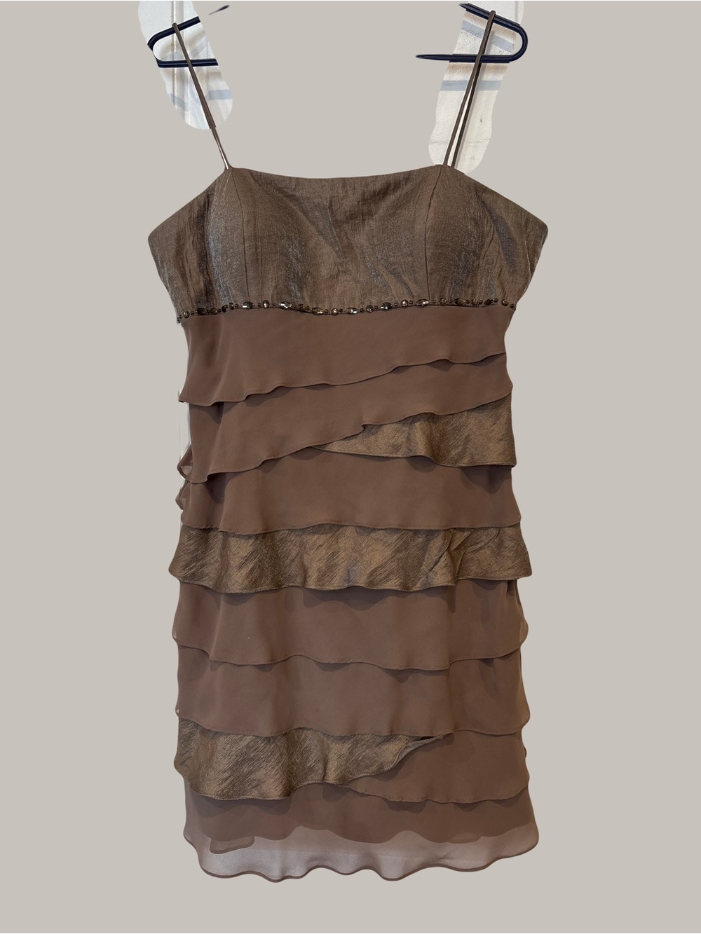 S.L. Fashions Brown Tiered Ruffle Spaghetti Strap Dress